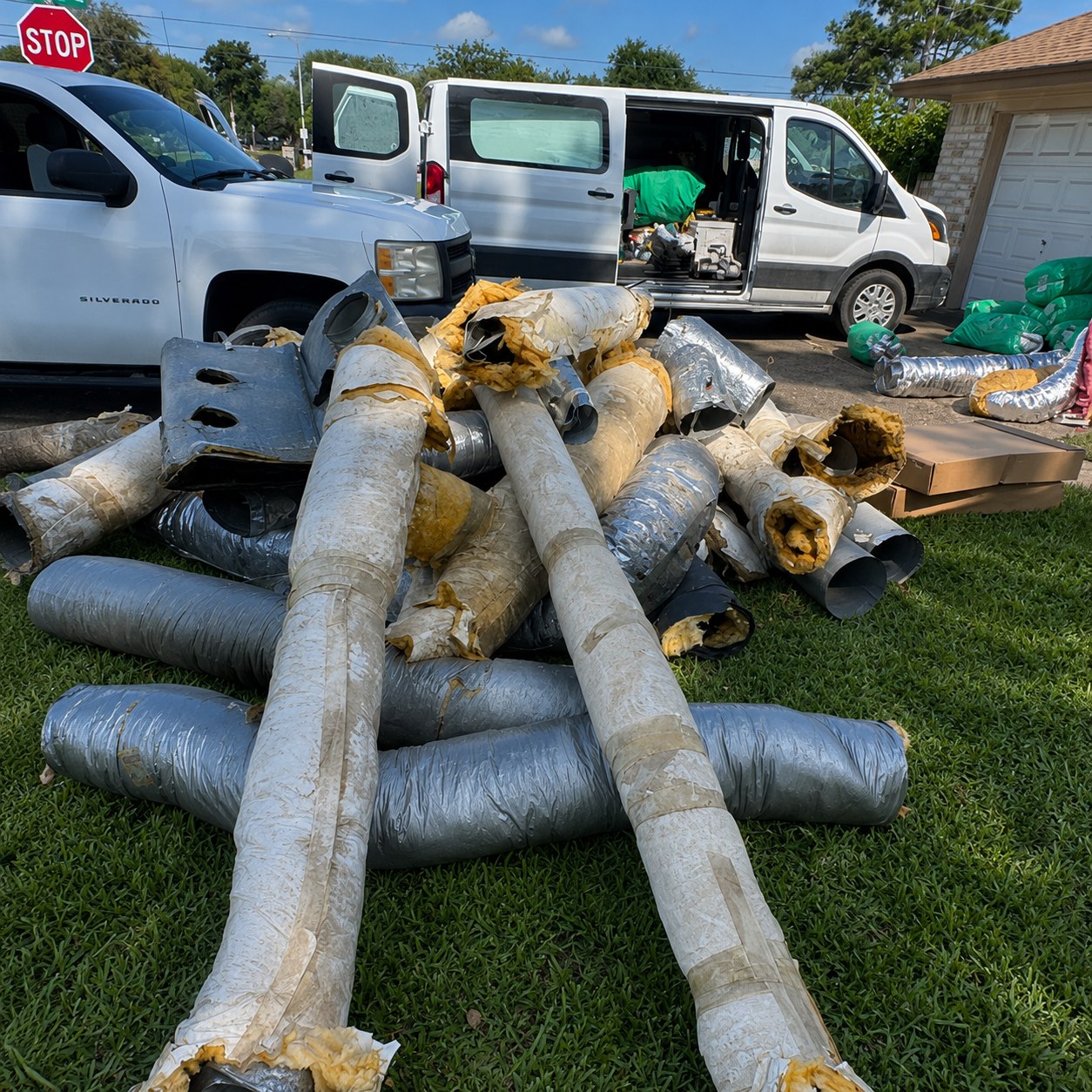 Old insulated ducts removed from a home and gathered beside service vehicles