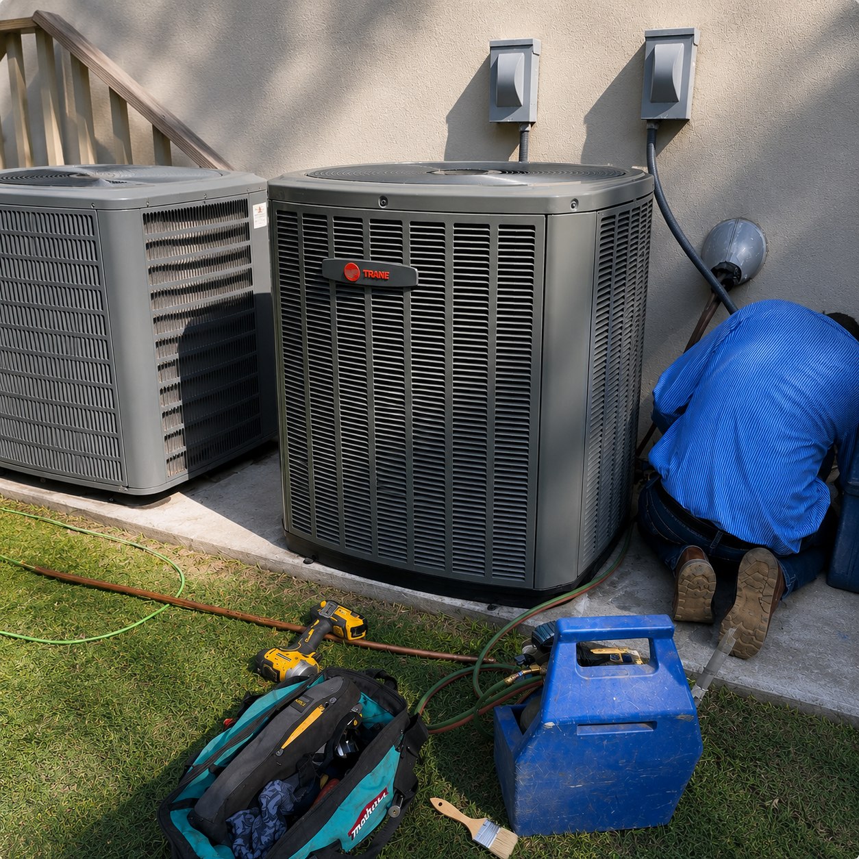 Technician installing a new Trane outdoor condenser with tools and equipment nearby